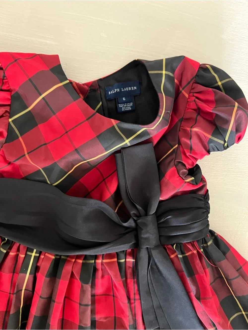 Ralph Lauren Girls Size 6 Red Tartan Plaid Party Dress Black Sash Holiday